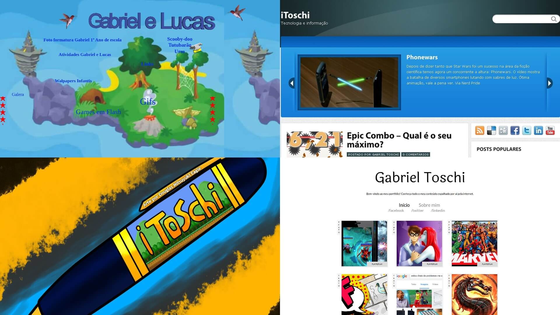 (some old sites that I had during the years, from top to bottom, left to right: (1) my first GeoCities website that I did with my dad circa 2004; (2) my most serious attempt to create a humor blog in 2011; (3) the rebranding I did for the same site on 2012; (4) a portfolio link aggregator that I did in 2016 when tried to be a freelance writer)